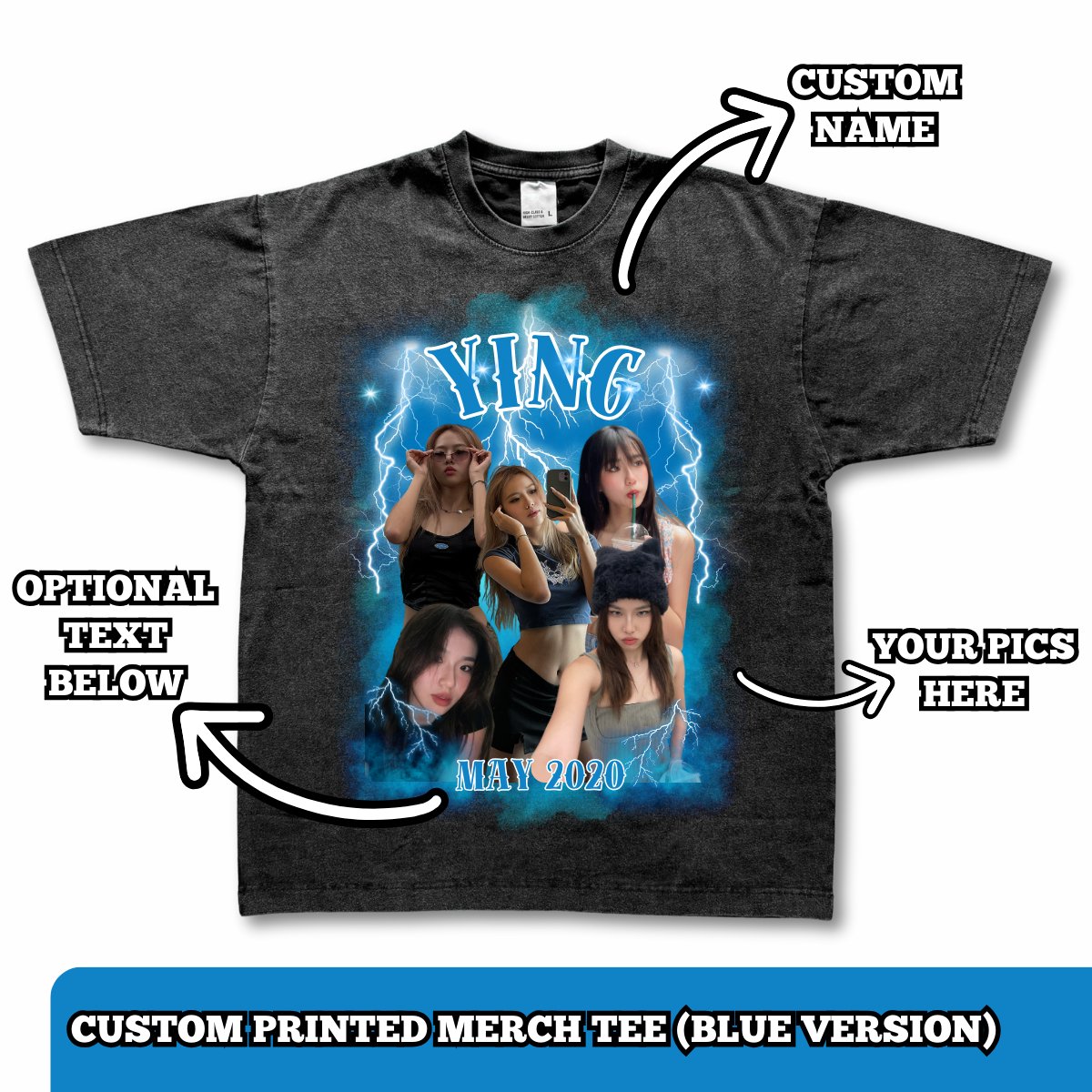 'merch' - Custom Printed Bootleg Tee (blue version) - MINK Design